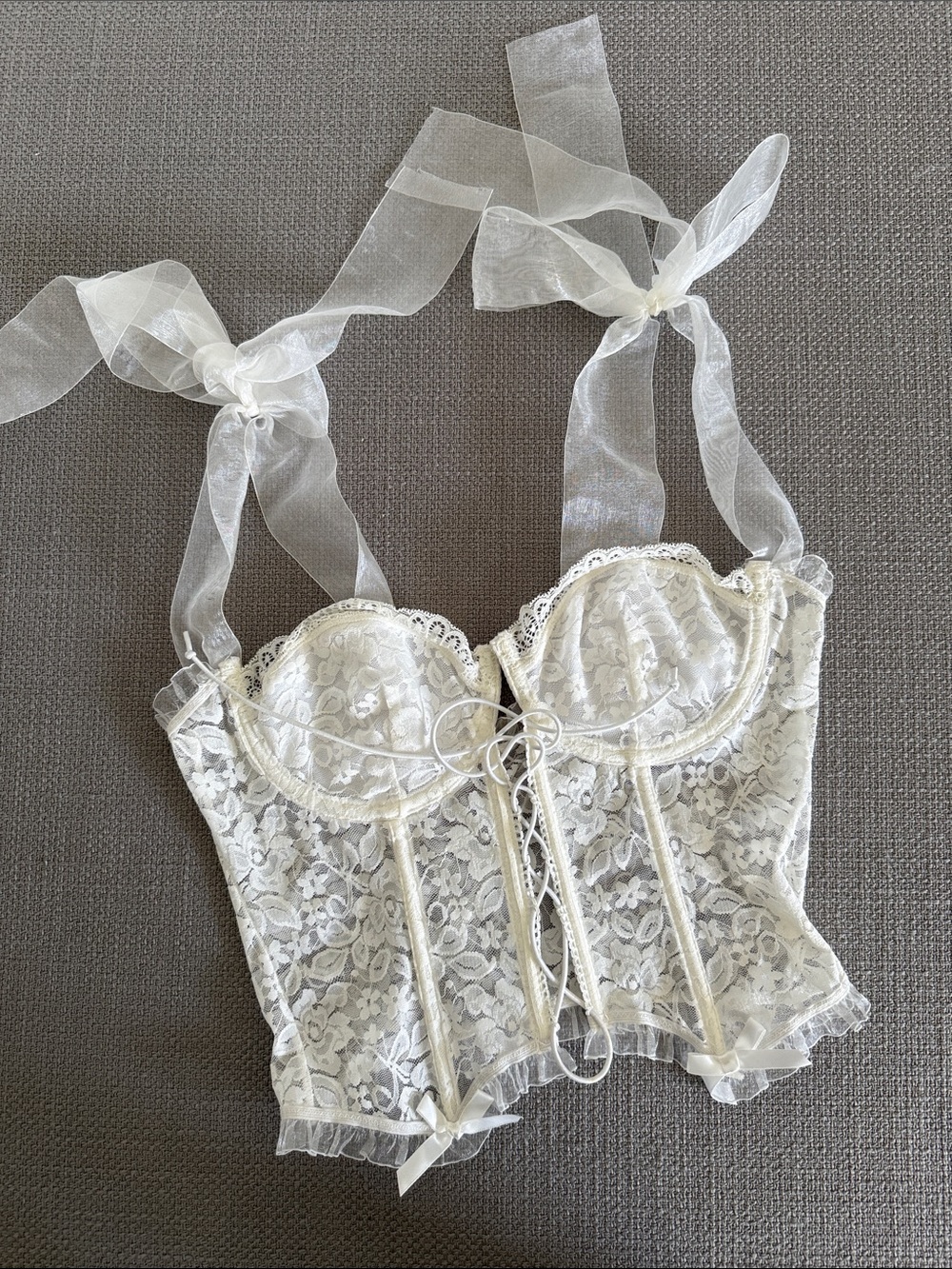 Sheer Lace Bustier with Organza Tie Straps - White